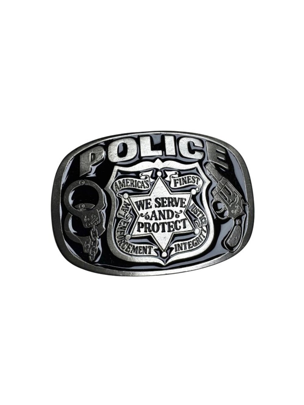 Police-Themed Belt Buckle "We Serve And Protect" Buckle Bakery 1988 Made In USA